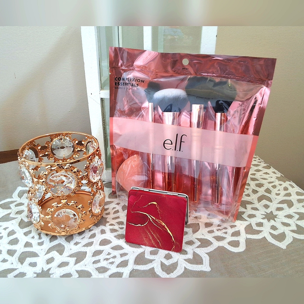 NEW Gift Set, E.l.f. Cosmetic Brushes&Sponge, Gold&Glass Container+Purse Compact